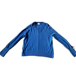Stitches Stripes Women's Size Large Blue V-Neck Knit Sweater Soft Casual